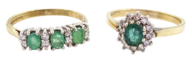 Two 9ct gold emerald and round brilliant cut diamond cluster rings