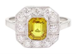 Platinum milgrain set octagonal cut yellow sapphire round brilliant cut diamond cluster ring