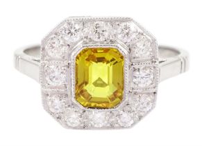 Platinum milgrain set octagonal cut yellow sapphire round brilliant cut diamond cluster ring