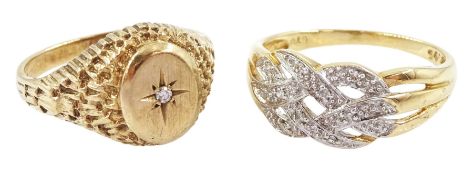 Gold diamond crossover ring and a gold single stone ring