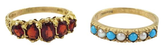 Gold five stone garnet ring and a gold turquoise and pearl ring