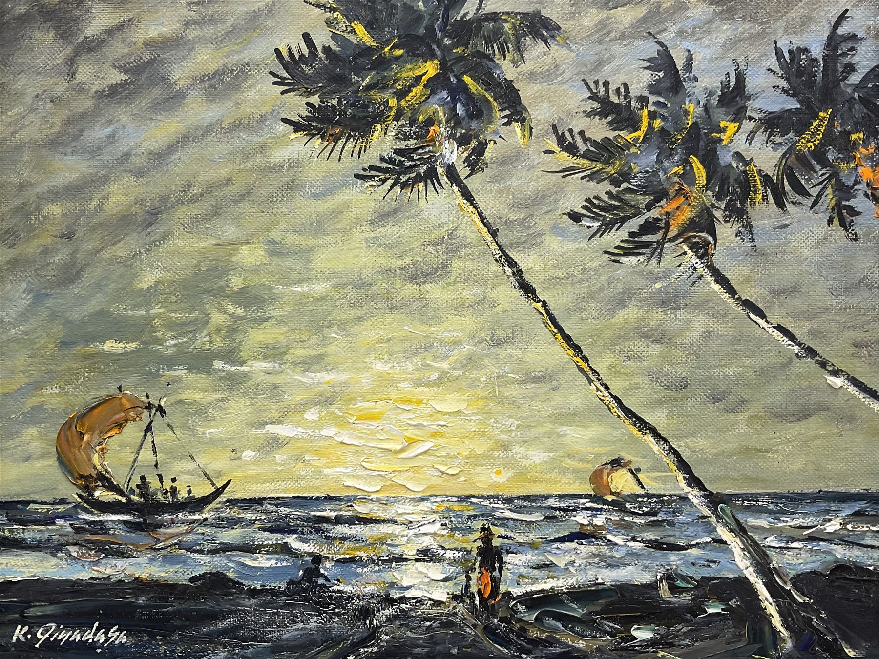 K Jinadasa (Sri Lankan 20th century): Sunset on the Coast