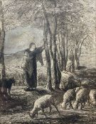 Jean-François Millet (French 1814-1875): Shepherdess and Her Flock in the Shade of Trees