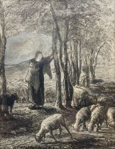 Jean-François Millet (French 1814-1875): Shepherdess and Her Flock in the Shade of Trees