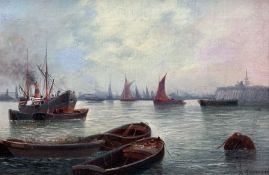 H Williamson (19th/20th century): Steamer and Barges on the Thames at Wapping