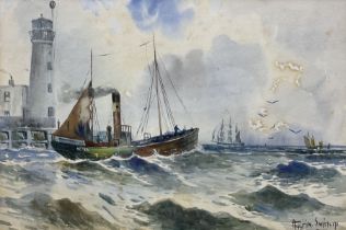 Austin Smith (British early 20th century): Steam Trawler off Scarborough Lighthouse