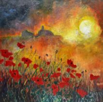 Ann Lamb (British 1955-): Sunset over the Poppy Field
