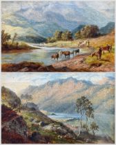 Scottish School (19th/20th century): Highland River scenes with Fisherman and Cattle Watering