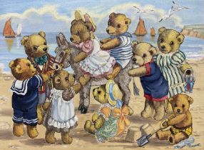 Doreen Edmond (British 20th century): Teddy Bears at the Seaside