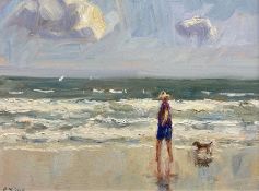 Christine M Pybus (British 1954-): Figure and Dog on the Beach