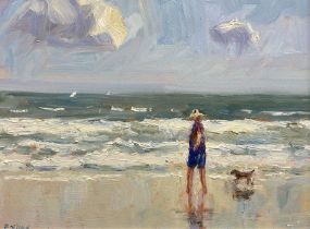 Christine M Pybus (British 1954-): Figure and Dog on the Beach