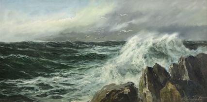Edgar Freyberg (German 1927-2017): 'Surf' Waves Breaking on a Crag