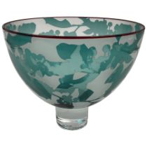 Gillies Jones of Rosedale glass bowl decorated with green foliage with red rim