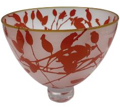 Gillies Jones of Rosedale glass bowl decorated with orange buds with orange rim