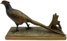 Austrian cold painted spelter table lighter modelled as a pheasant beside a tree stump