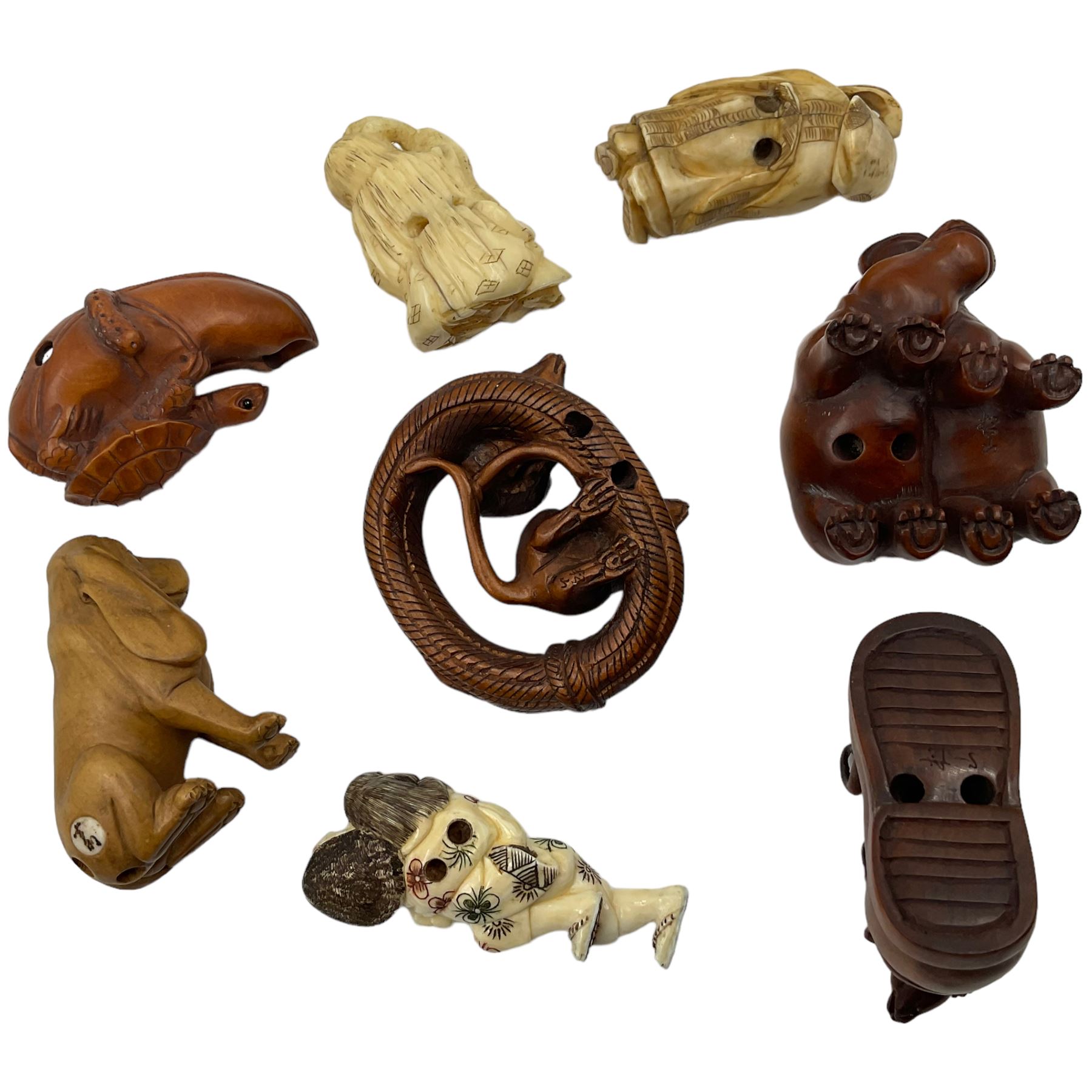 Eight wooden and composite carved netsukes - Image 2 of 2