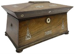Early 19th century rosewood sarcophagus shaped tea caddy inlaid with mother-of-pearl