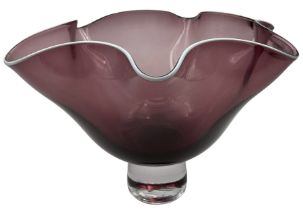 Gillies Jones of Rosedale purple glass vase with crimped rim on a short pedestal foot