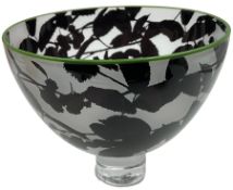 Gillies Jones of Rosedale glass bowl decorated with black foliage with green rim