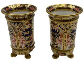 Pair of Royal Crown Derby 1128 Imari pattern miniature spill vases