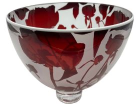 Gillies Jones of Rosedale glass bowl decorated with red flowers with white rim