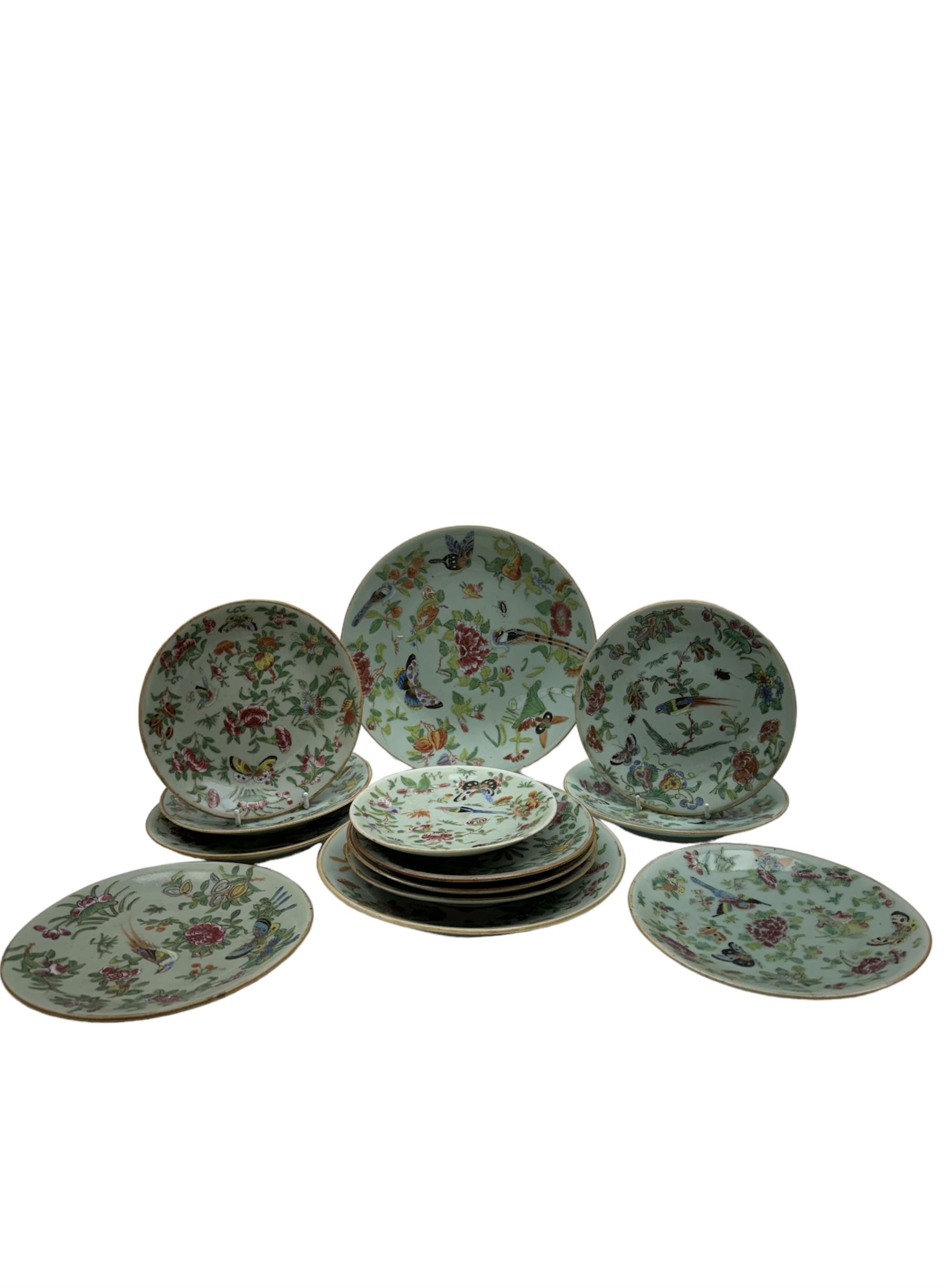 Thirteen 19th/ early 20th century Chinese famille rose celadon plates