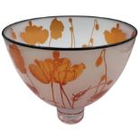 Gillies Jones of Rosedale glass bowl decorated with orange poppies with black rim