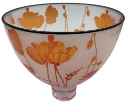 Gillies Jones of Rosedale glass bowl decorated with orange poppies with black rim