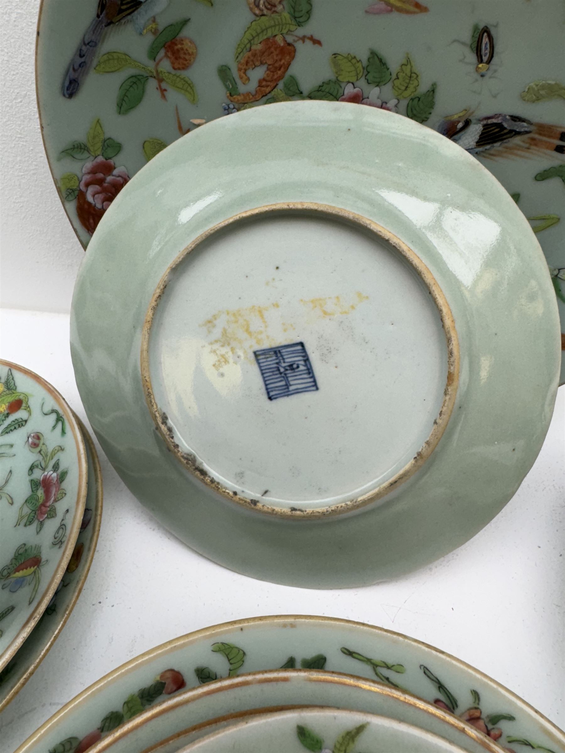 Thirteen 19th/ early 20th century Chinese famille rose celadon plates - Image 5 of 5