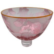 Gillies Jones of Rosedale pink glass bowl decorated with flowers with an orange rim