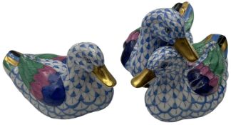 Two Herend fishnet blue figures