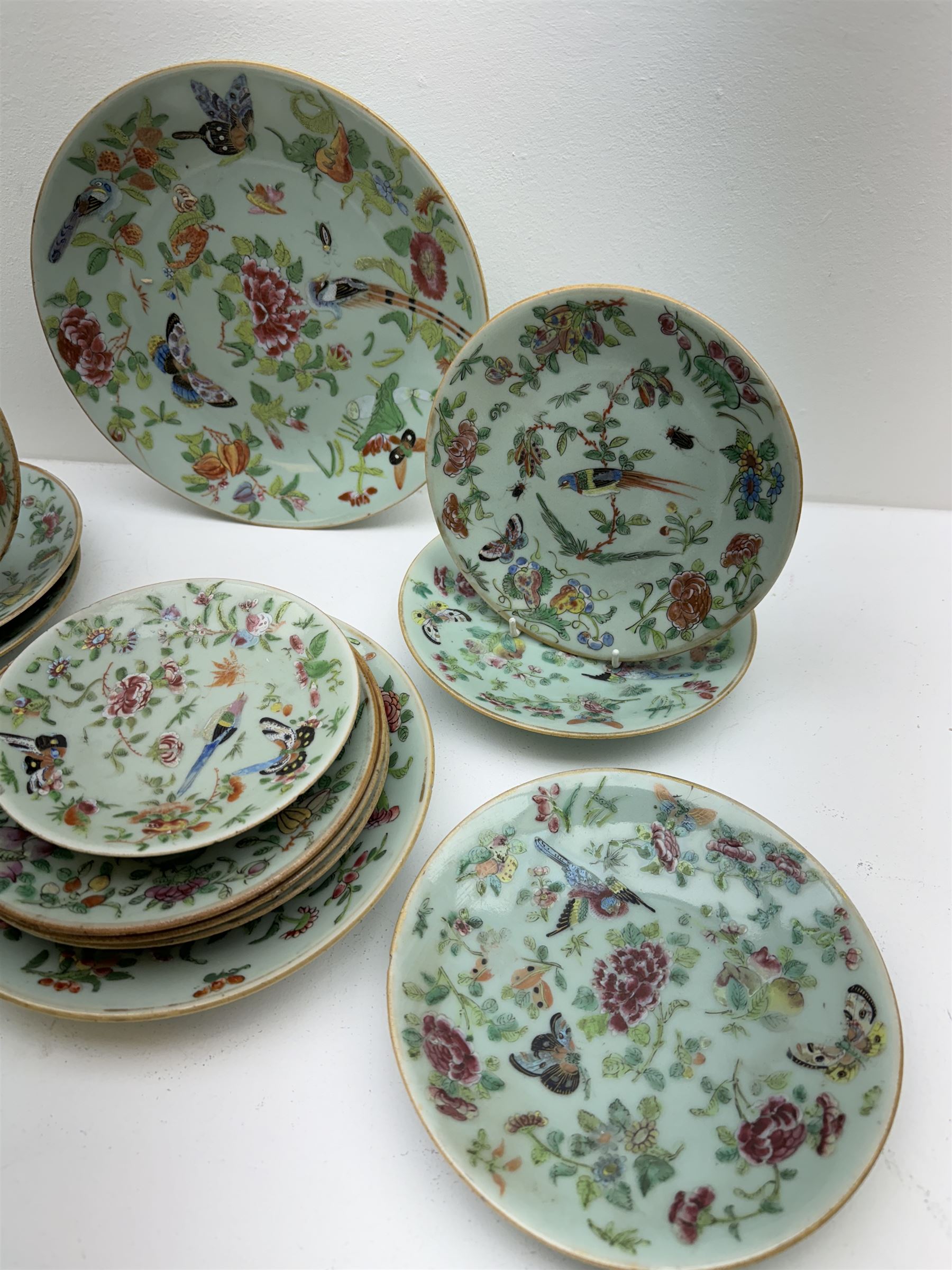 Thirteen 19th/ early 20th century Chinese famille rose celadon plates - Image 2 of 5