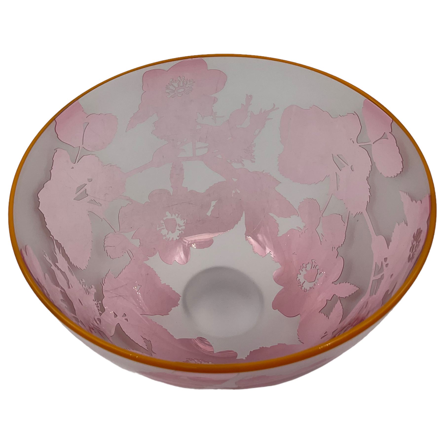 Gillies Jones of Rosedale pink glass bowl decorated with flowers with an orange rim - Image 2 of 3