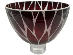 Gillies Jones of Rosedale glass bowl decorated with red leaves with white rim