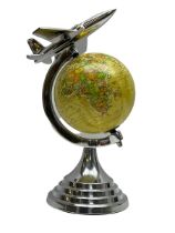 Art Deco style world globe with chrome aeroplane finial and mounts