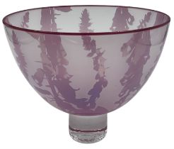 Gillies Jones of Rosedale glass bowl decorated with purple foxgloves with purple rim