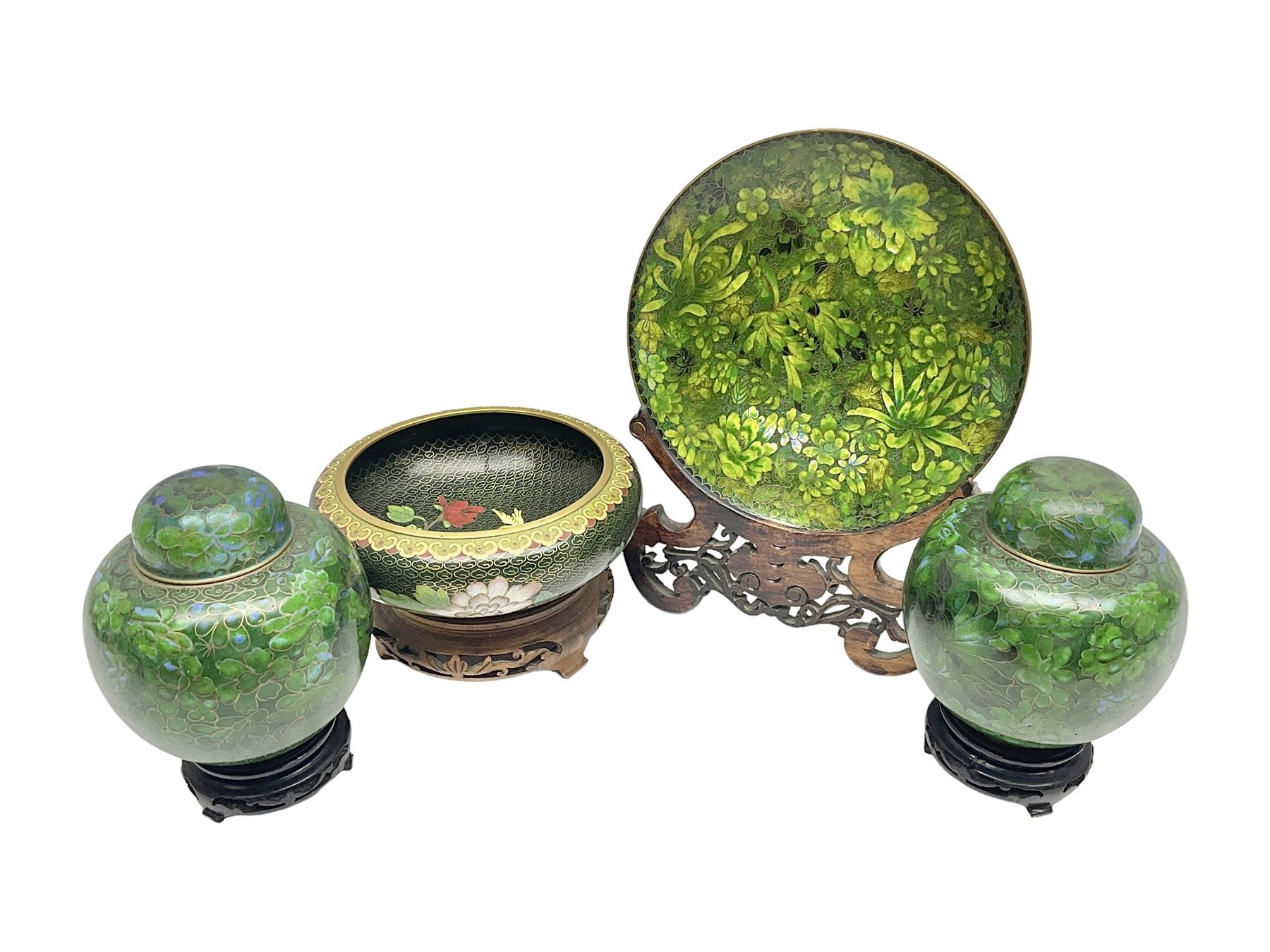 Pair of modern cloisonne ginger jars having floral decoration with a green ground