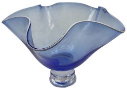 Gillies Jones of Rosedale blue glass vase with crimped rim on a short pedestal foot