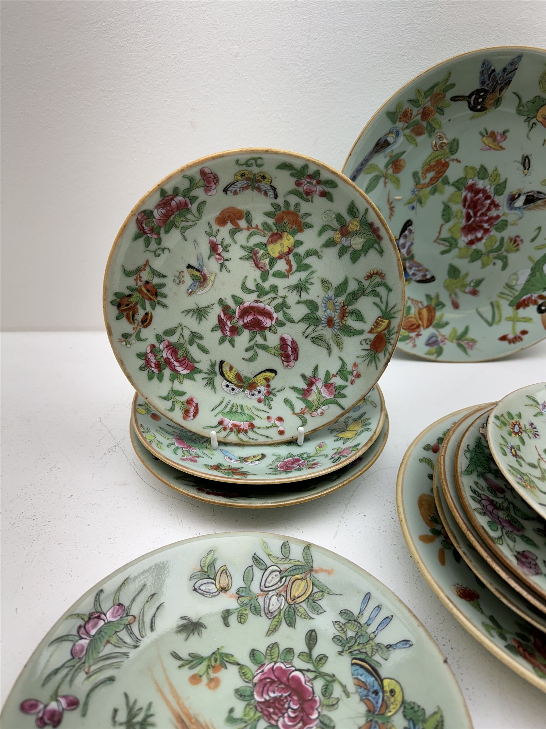 Thirteen 19th/ early 20th century Chinese famille rose celadon plates - Image 3 of 5