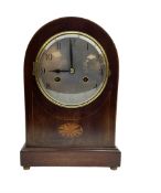 Edwardian - German 8-day mahogany mantle clock with a round top and satinwood inlay to the front