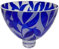 Gillies Jones of Rosedale glass bowl decorated with blue foliage with white rim