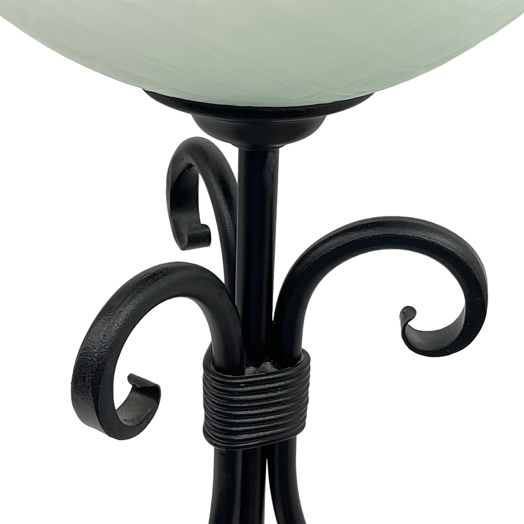 Pair of black finish wrought metal standard lamps with glass shades - Image 6 of 6