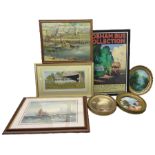 Three oval oils on boards variously signed together with three prints and a Cobham Bus Collection po