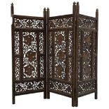 Anglo-Indian heavily carved and pierced three panel folding screen