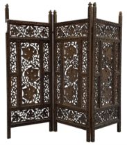 Anglo-Indian heavily carved and pierced three panel folding screen