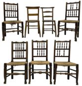 Collection of chairs - five 19th century elm spindle back chairs with rush seats; two chapel chairs