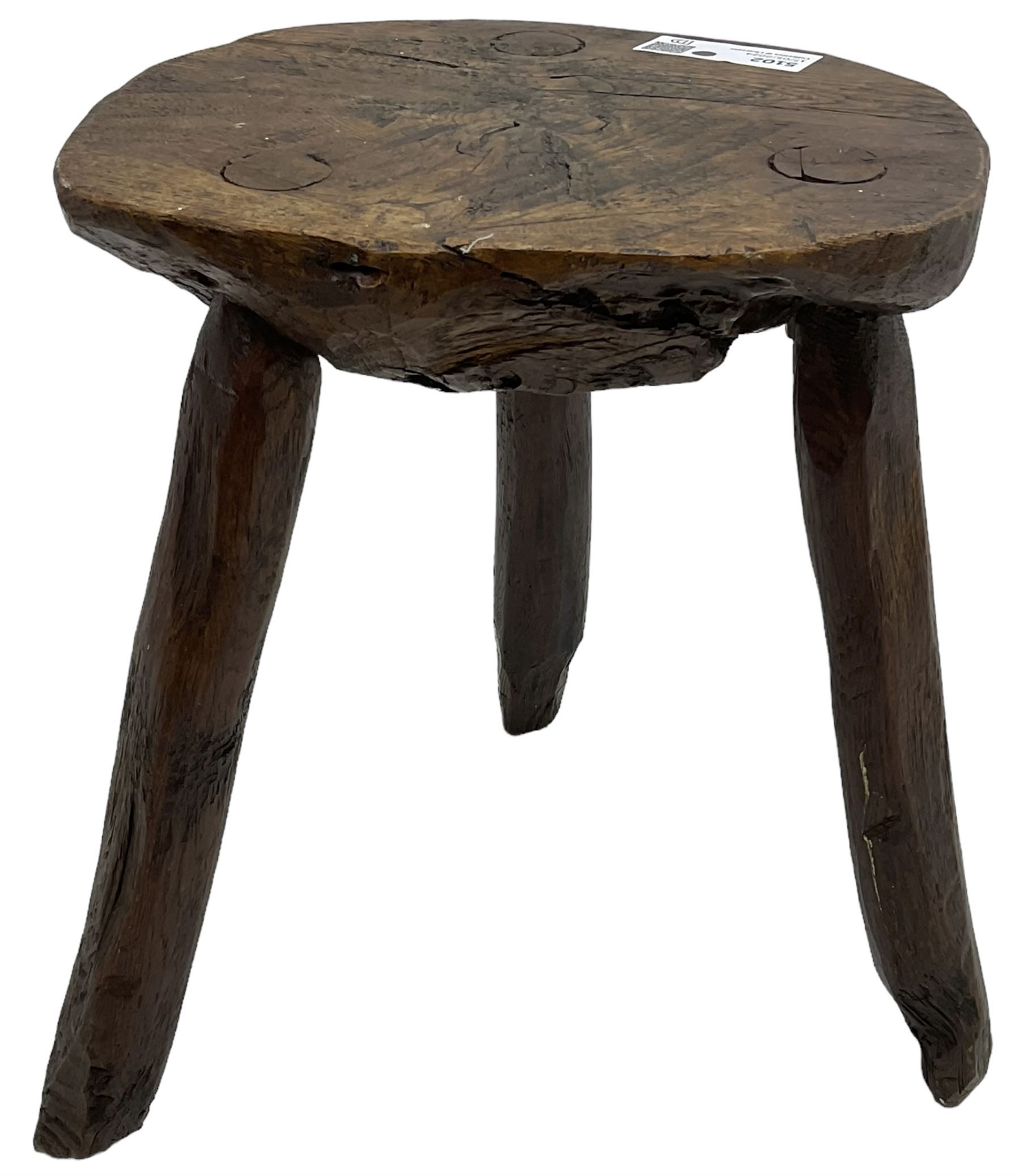 Rustic oak three-legged stool - Image 2 of 5