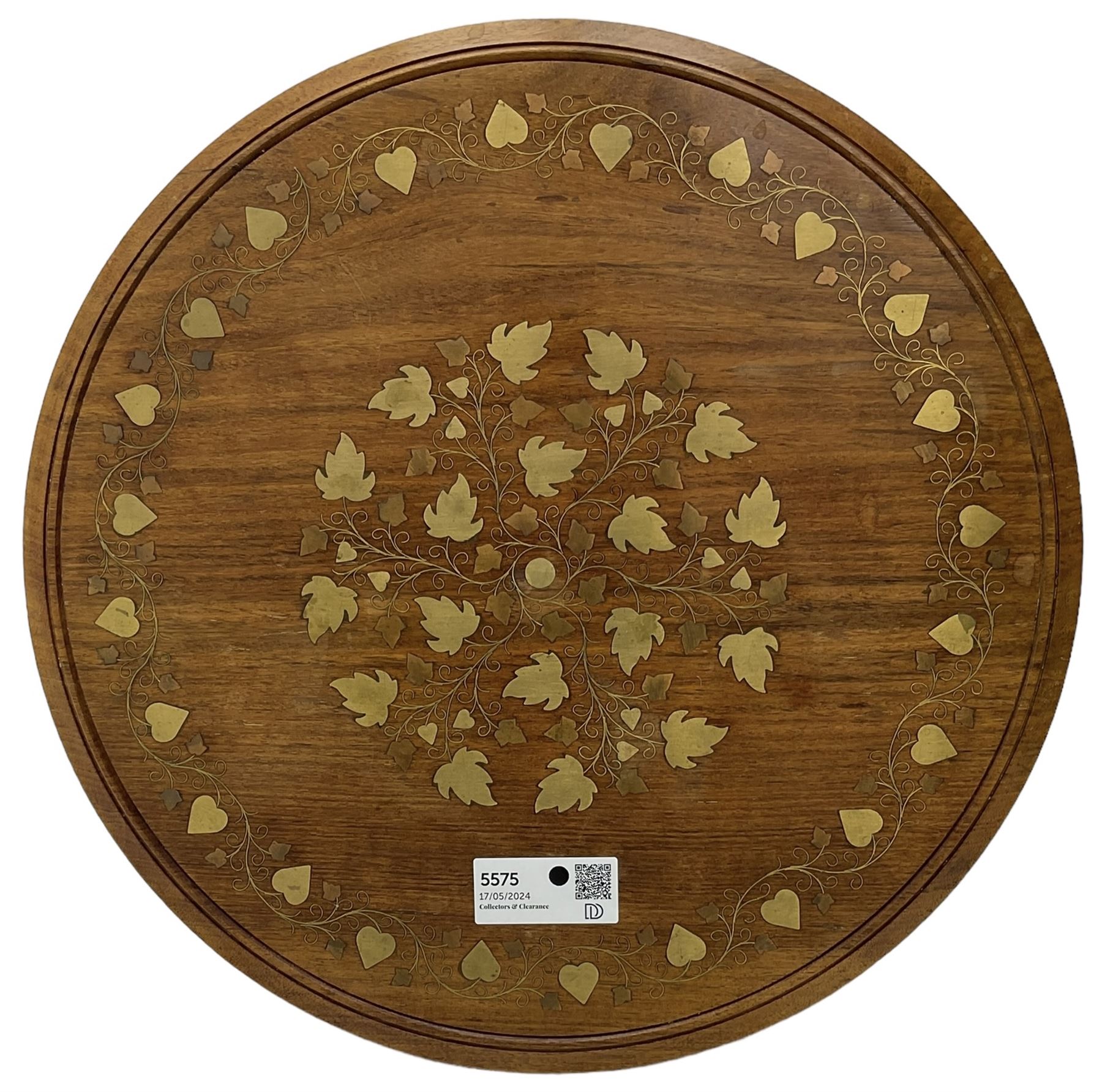 Small brass inlaid hardwood occasional table - Image 3 of 6