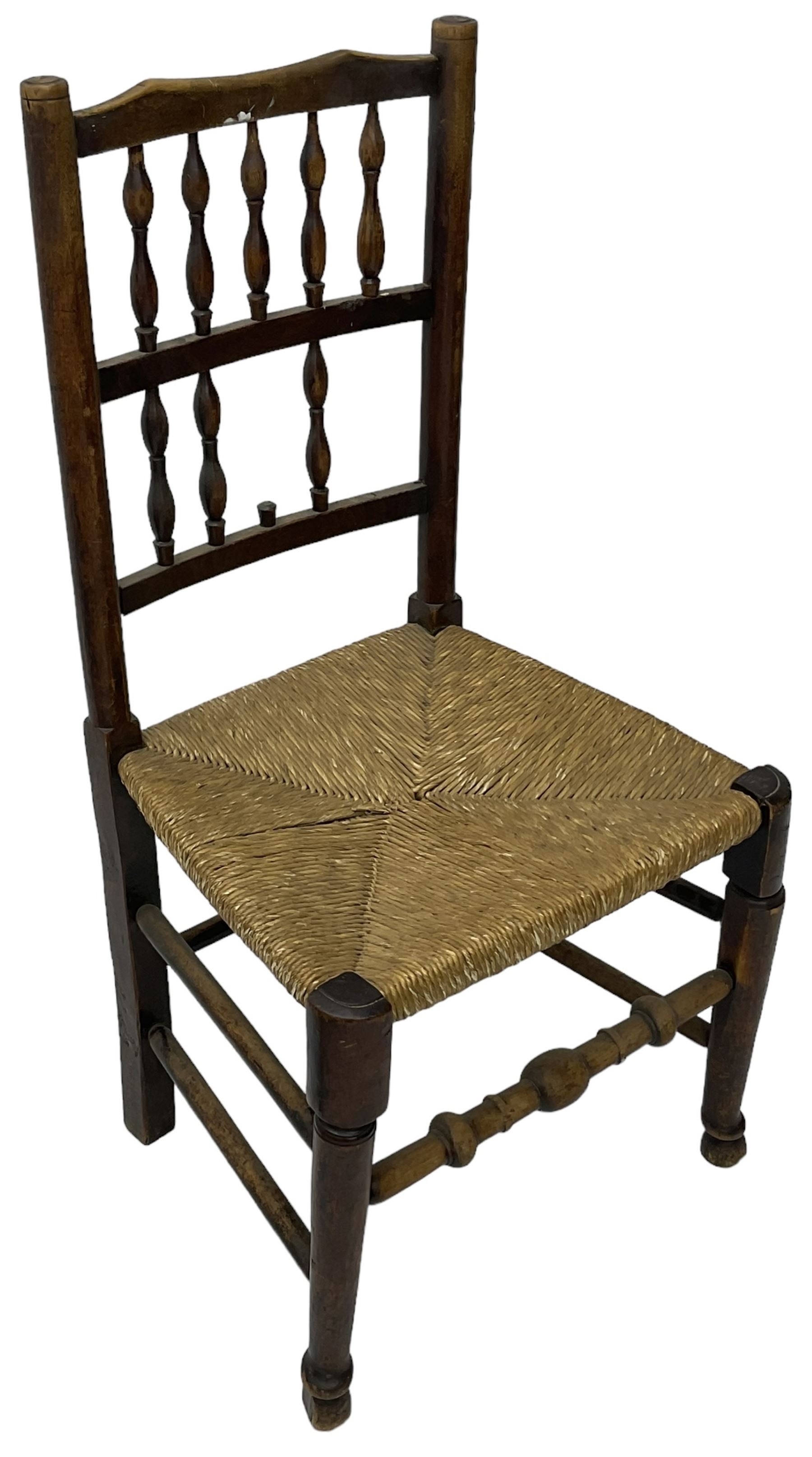 Collection of chairs - five 19th century elm spindle back chairs with rush seats; two chapel chairs - Image 7 of 10