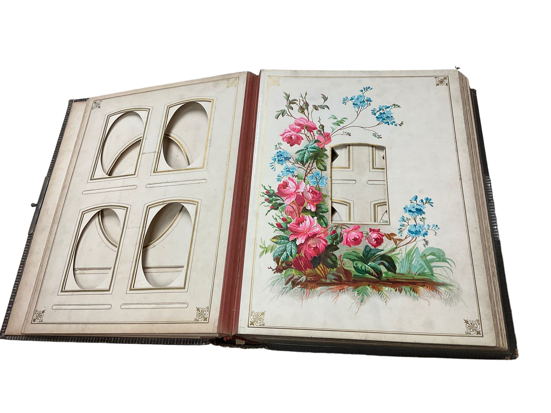 19th Century Victorian leather bound embossed photograph album having hand painted pages of birds an - Bild 3 aus 4